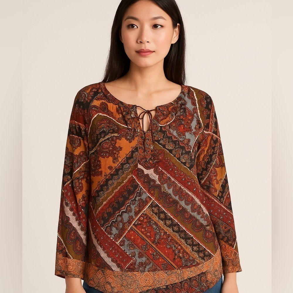 EUC Fig and Flower Anthroplologie Earthtones Patchwork Semi-Sheer Tunic XL (E3) - Picture 8 of 9